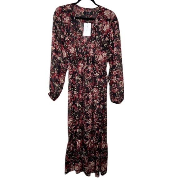 O.P.T. Long Puff Sleeve Floral Cinched Waist V Neck Sheer Maxi Dress Small NWT - Picture 12 of 12